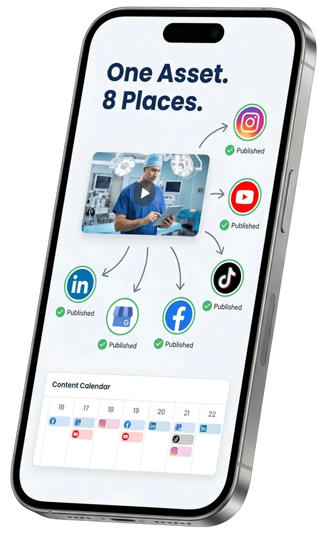 Phone showing 'One Asset. 8 Places.' content distribution across YouTube, IG, TikTok, Facebook, LinkedIn