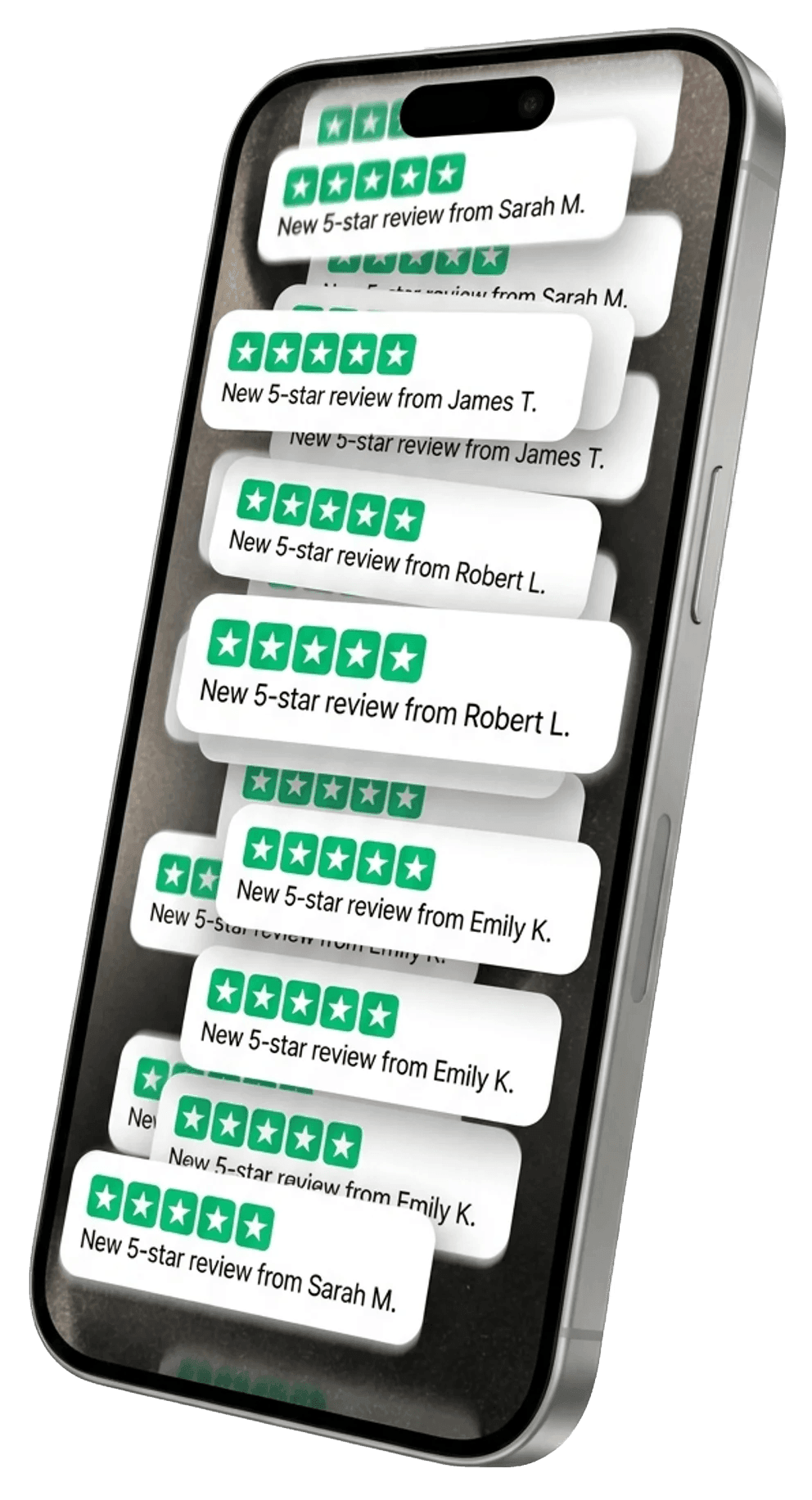 Phone showing a flood of incoming 5-star Google review notifications compounding over time