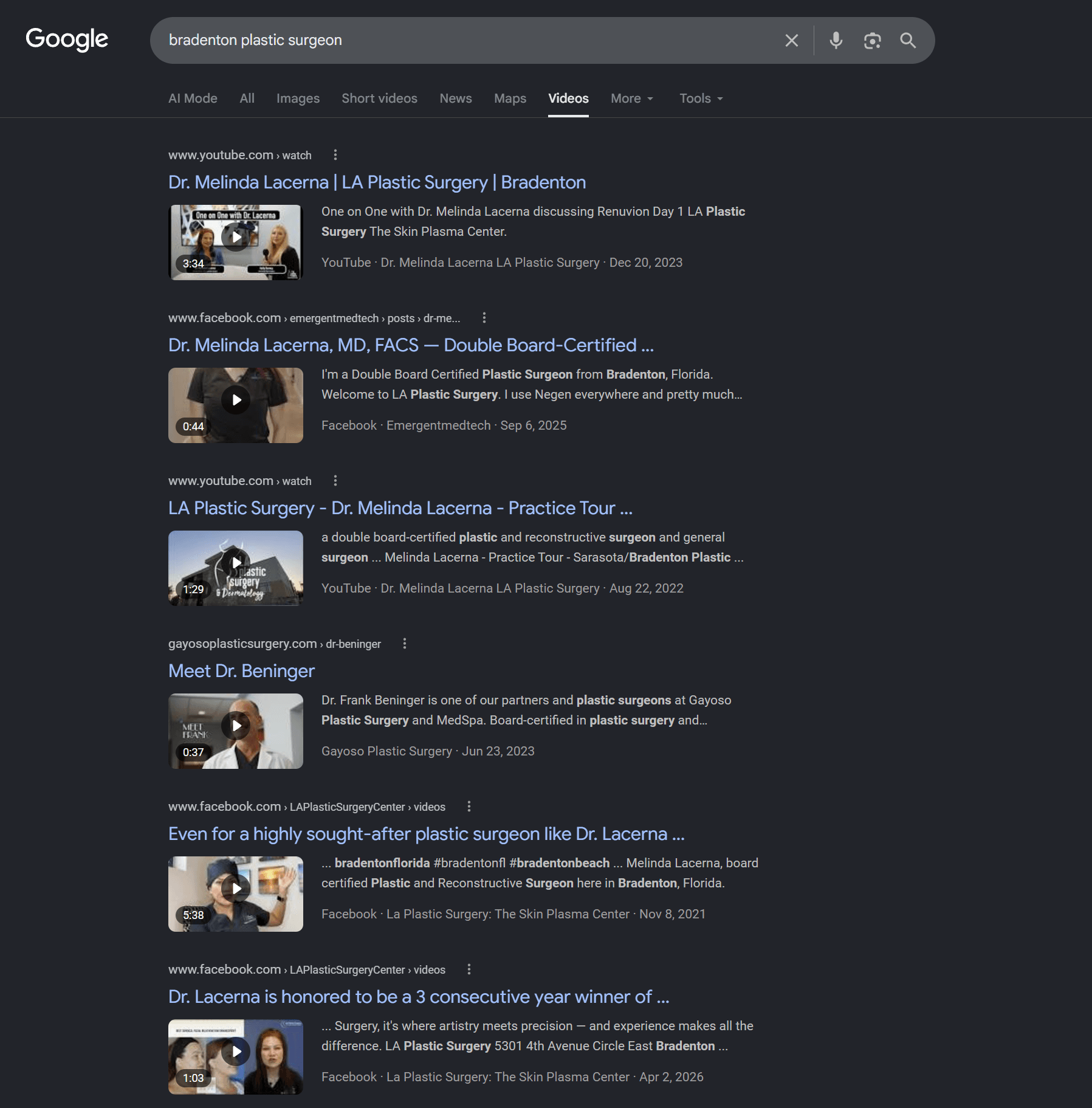 Google videos tab filled with Dr. Lacerna's videos for bradenton plastic surgeon