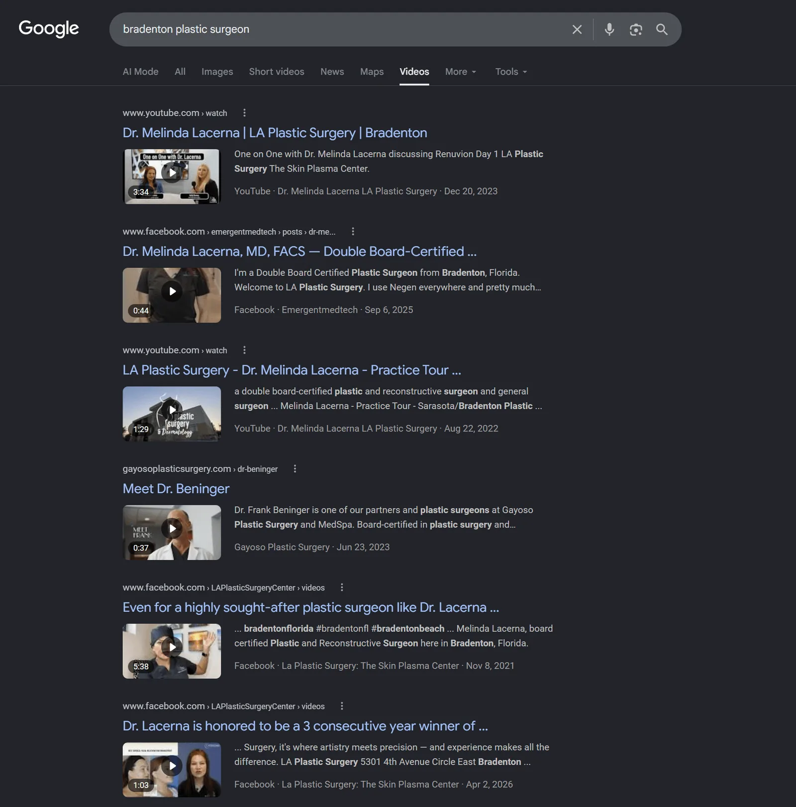 Google videos tab filled with Dr. Lacerna's videos for bradenton plastic surgeon