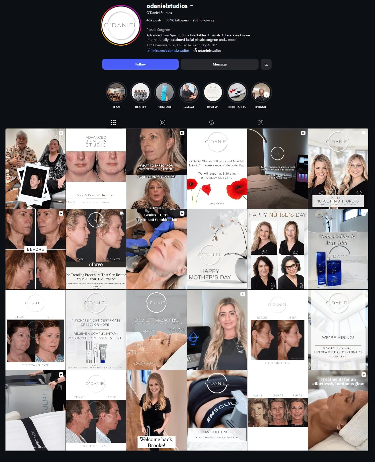 Instagram profile for O'Daniel Studios with 88.9K followers and a branded content grid