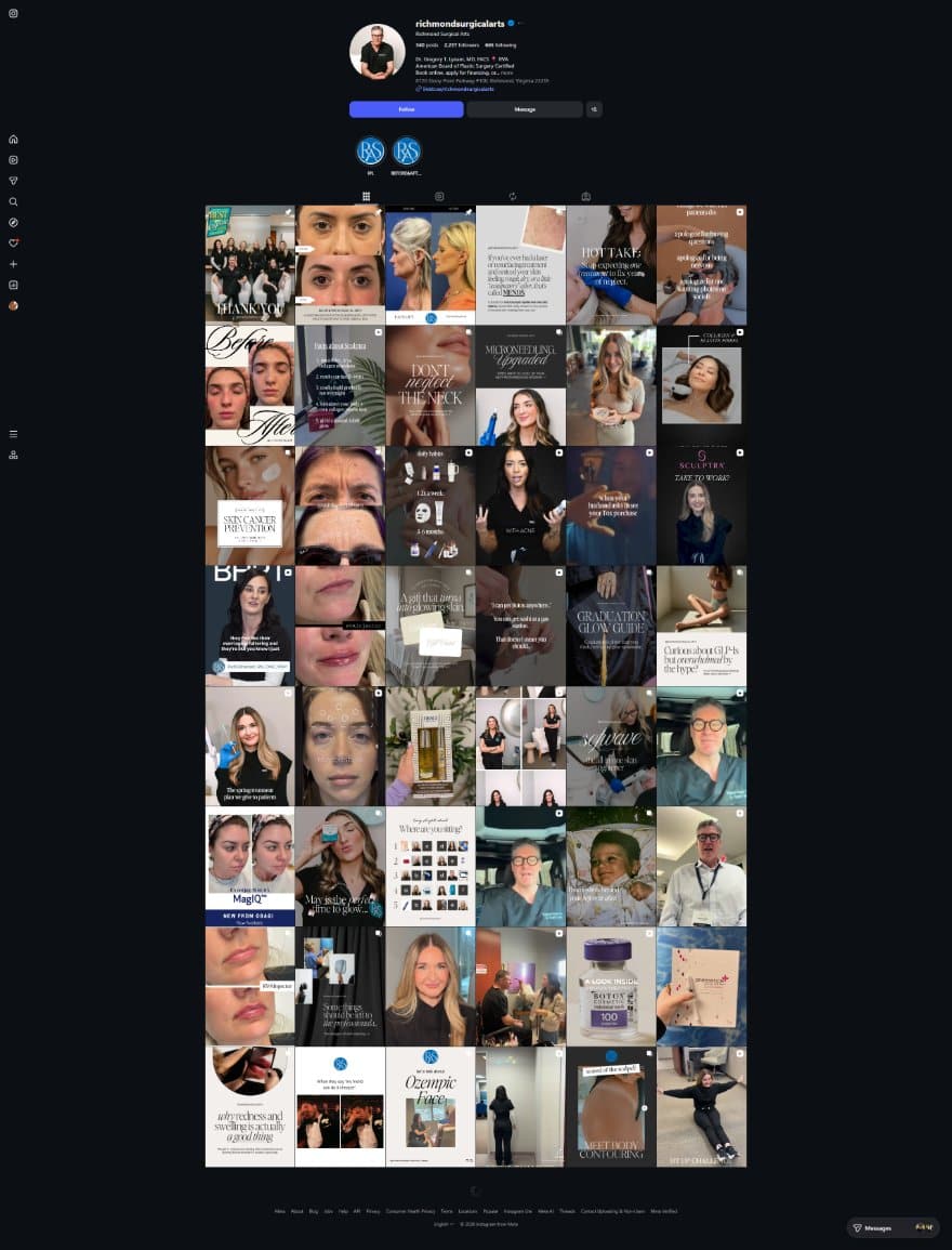 Instagram grid for Richmond Surgical Arts with before-and-afters, education, and reels