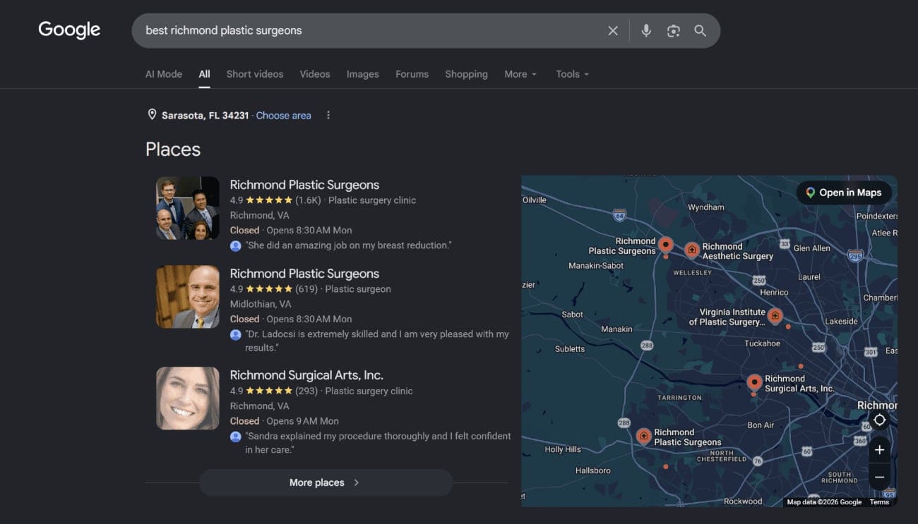 Google local map pack with Richmond Surgical Arts ranked for best richmond plastic surgeons