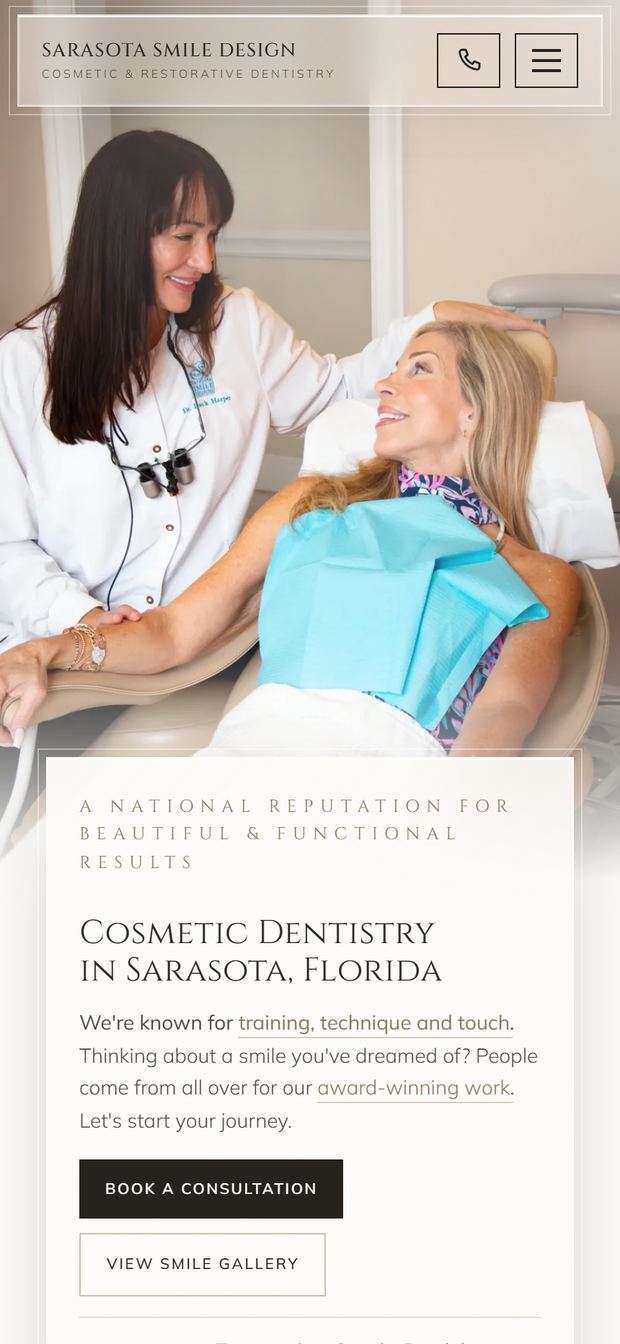 The new Sarasota Smile Design homepage on a phone