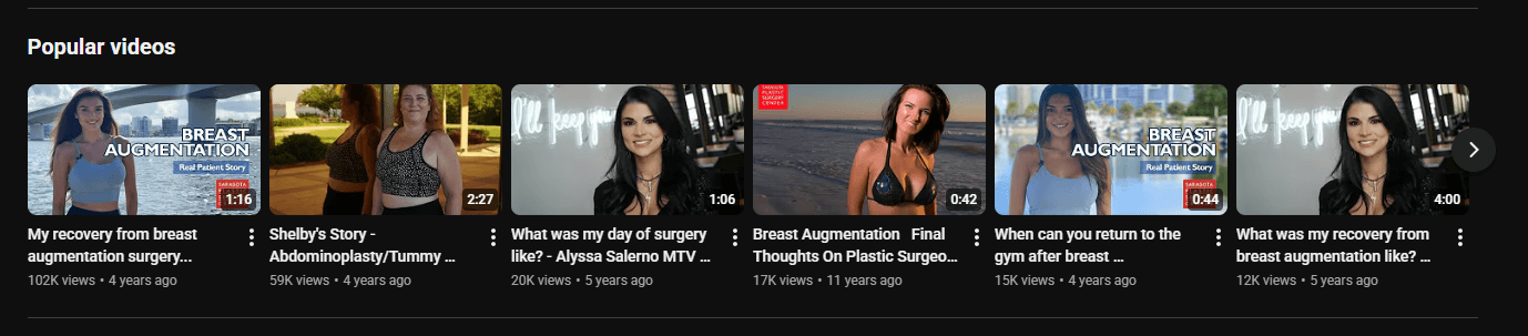 Google popular-videos carousel filled with Sarasota Plastic Surgery patient videos with 100K+ views