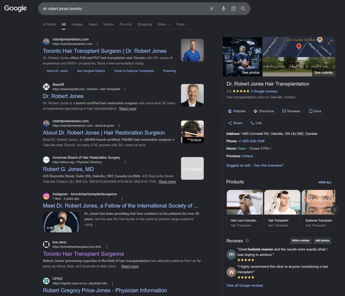 Google Business Profile panel with reviews and products for Dr. Robert Jones